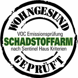 Abbildung: Prüfstempel schadstoffarme Bodentreppe. VOC Emissionsprüfung nach Sentinel Haus Kriterien. Wohngesund.