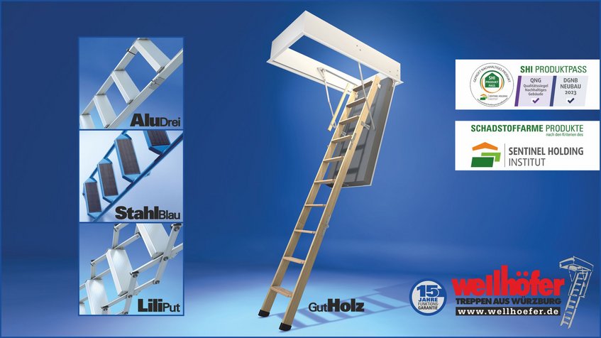Abbildung Wellhöfer Bodentreppen GutHolz, AluDrei, StahlBlau und Scherentreppe Liliput