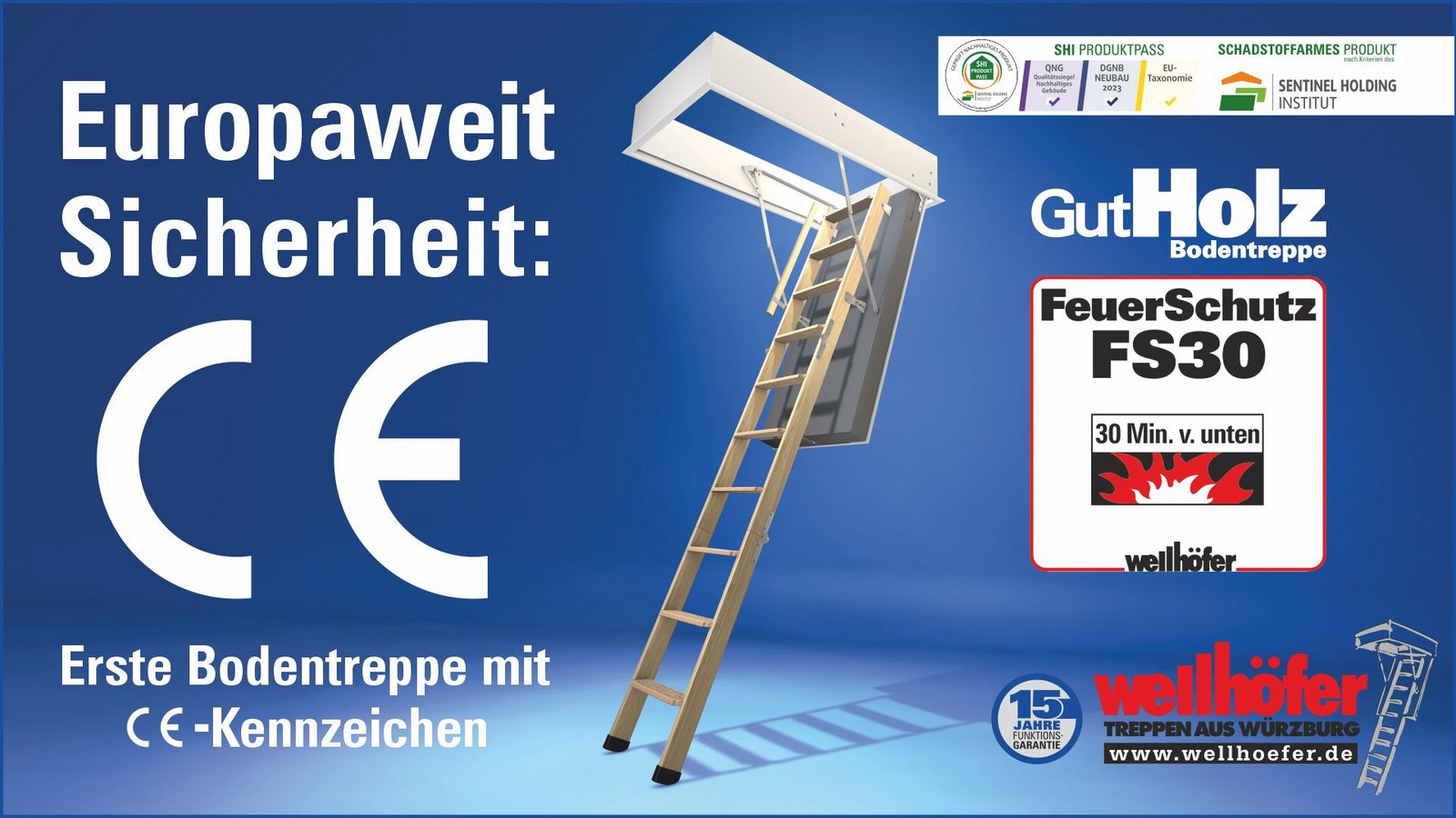 Abbildung Wellhöfer Bodentreppe GutHolz mit FeuerSchutz FS30 und CE-Kennzeichen