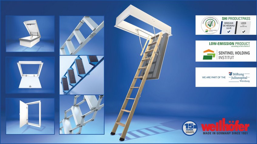 Image: Wellhöfer product range. Attic stairs, loft ladders, attic hatches, access hatches, flat roof exits. Low-emission, sustainable, 15 years guarantee.