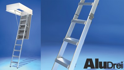 Abbildung: Wellhöfer Bodentreppe AluDrei - Für höchste Belastbarkeit.  Stabile und leichte 3-teilige Bodentreppe aus Aluminium.